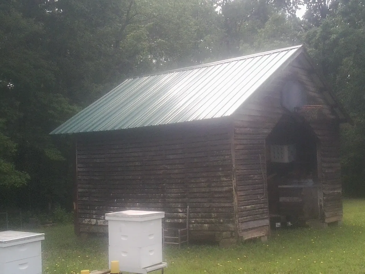 Green metal roof on a weathered barn beside stacked beehives in Summerville